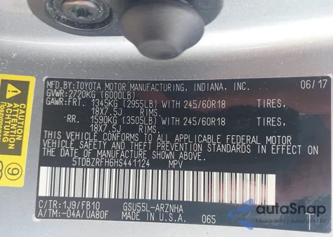 2017 Toyota Highlander Le from USA, damaged, VIN 5TDBZRFH6HS441124